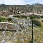 Concertina wire, also known as razor wire, cuts through the Jacumba Wilderness.
